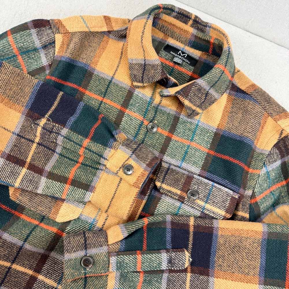 Magaschoni Mens Plaid Shirt Jacket Shacket Brown Green Orange‎ Size Medium